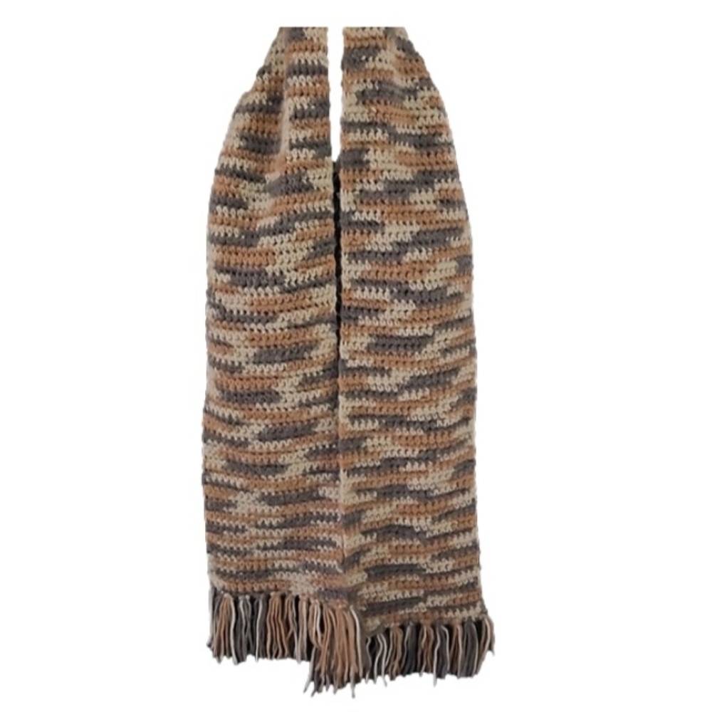 Handmade Crochet Scarf Gray Cream  Brown Upcycled Eco-Friendly Hand Knit Artisan - Picture 8 of 17